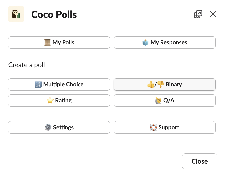 Coco Polls main modal in Slack